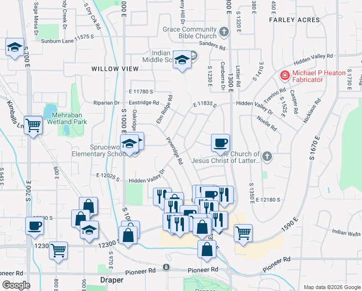 map of restaurants, bars, coffee shops, grocery stores, and more near 12030 Pineridge Road in Sandy
