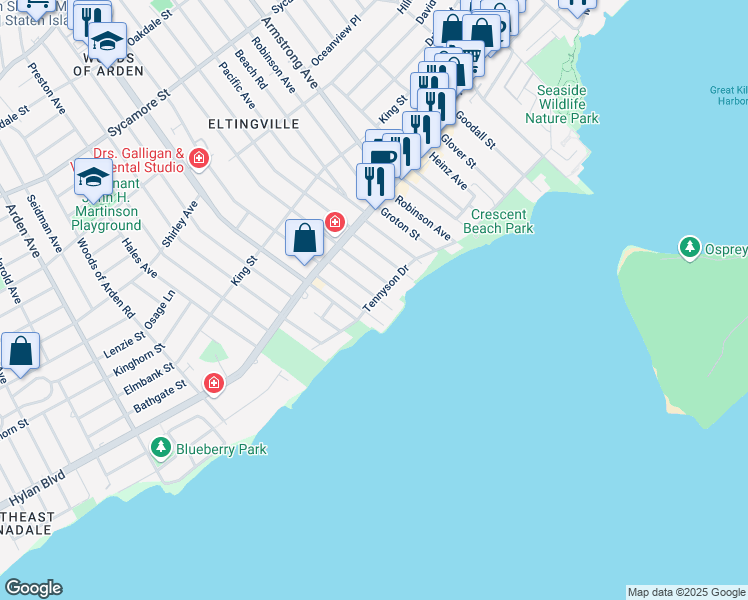 map of restaurants, bars, coffee shops, grocery stores, and more near 90 Oceanic Avenue in Staten Island