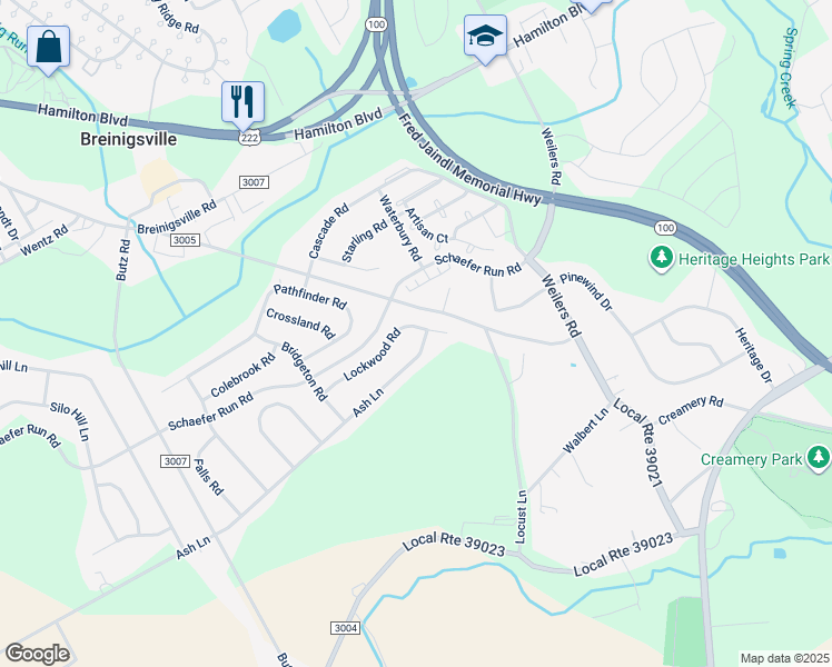 map of restaurants, bars, coffee shops, grocery stores, and more near 8539 Lockwood Road in Breinigsville