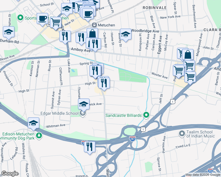 map of restaurants, bars, coffee shops, grocery stores, and more near 28 Charles Street in Metuchen