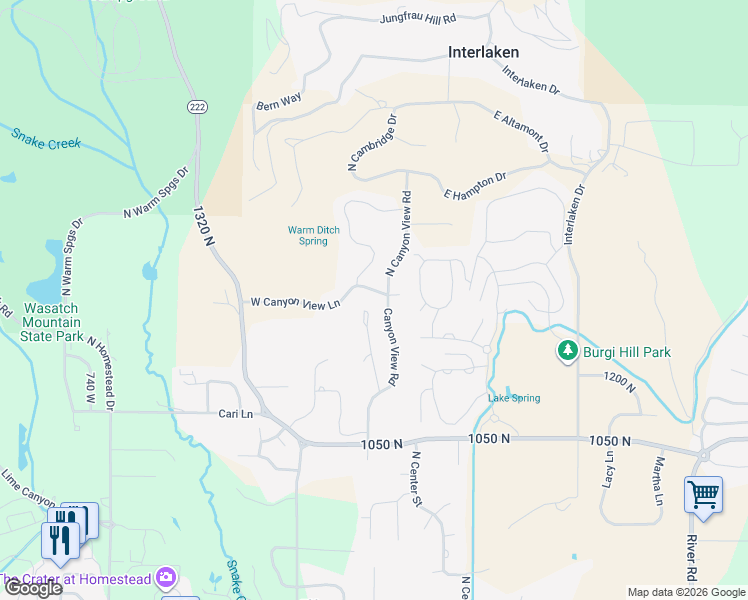 map of restaurants, bars, coffee shops, grocery stores, and more near 1287 Canyon View Road in Midway