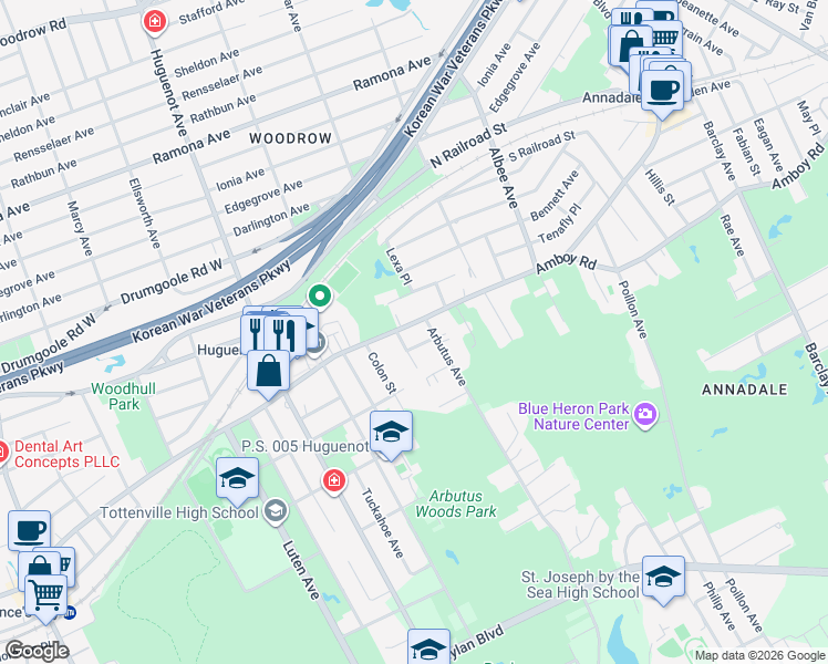 map of restaurants, bars, coffee shops, grocery stores, and more near 34A Rose Lane in Staten Island