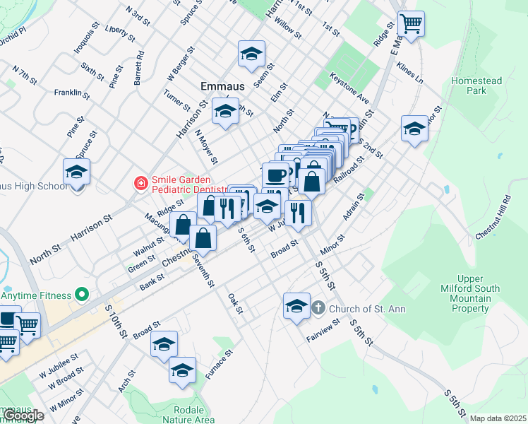 map of restaurants, bars, coffee shops, grocery stores, and more near 536 Chestnut Street in Emmaus