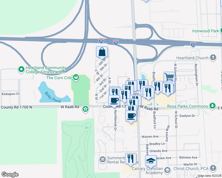 map of restaurants, bars, coffee shops, grocery stores, and more near 32 A Street in Normal