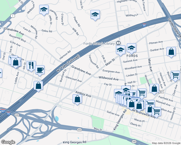 map of restaurants, bars, coffee shops, grocery stores, and more near 15 Adelphi Court in Edison