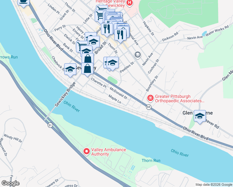 map of restaurants, bars, coffee shops, grocery stores, and more near 200 Graham Street in Sewickley
