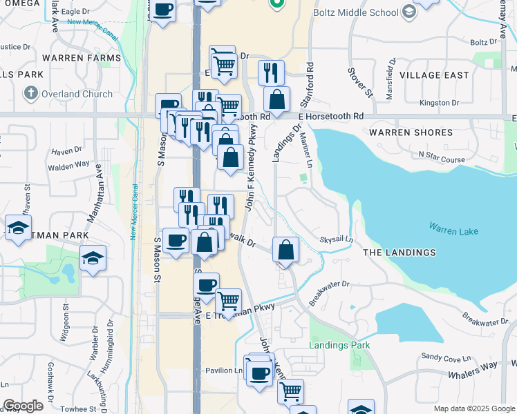 map of restaurants, bars, coffee shops, grocery stores, and more near 3945 Landings Drive in Fort Collins