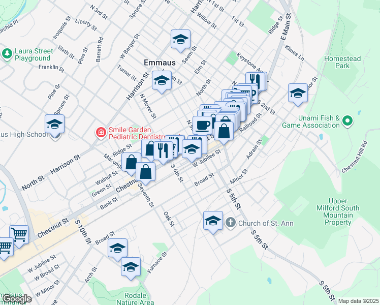 map of restaurants, bars, coffee shops, grocery stores, and more near 525 Chestnut Street in Emmaus