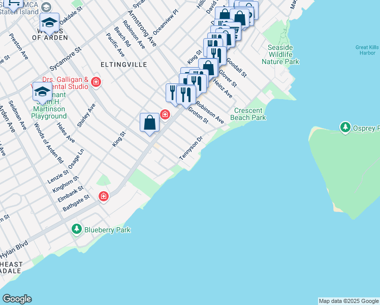 map of restaurants, bars, coffee shops, grocery stores, and more near 54 Winchester Avenue in Staten Island