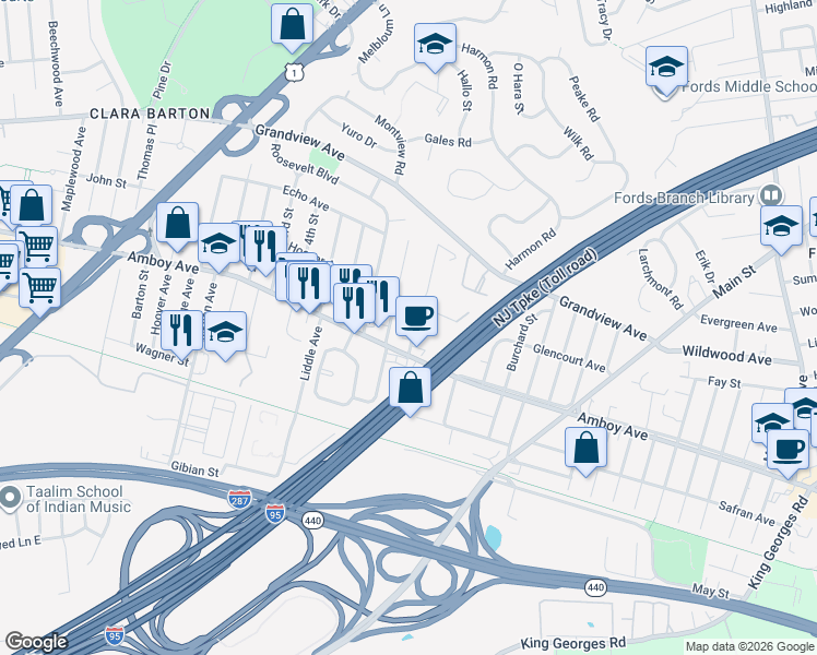 map of restaurants, bars, coffee shops, grocery stores, and more near 165 Hoover Avenue in Edison