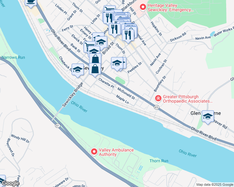 map of restaurants, bars, coffee shops, grocery stores, and more near 706 McDonald Street in Sewickley