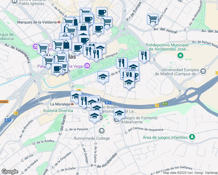 map of restaurants, bars, coffee shops, grocery stores, and more near 9 Calle de Francisca Delgado in Alcobendas