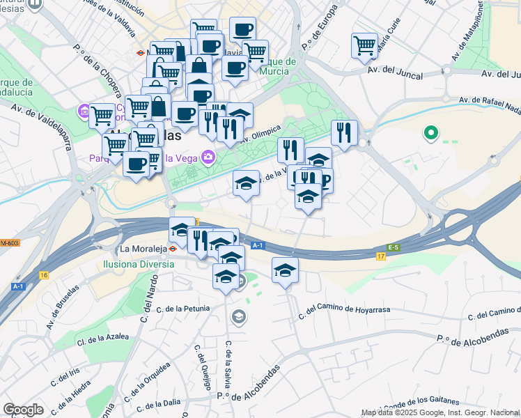 map of restaurants, bars, coffee shops, grocery stores, and more near 9 Calle de Francisca Delgado in Alcobendas