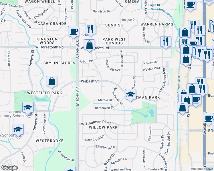 map of restaurants, bars, coffee shops, grocery stores, and more near 3824 Dahlia Court in Fort Collins