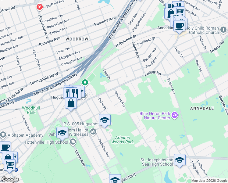 map of restaurants, bars, coffee shops, grocery stores, and more near 142 Collyer Avenue in Staten Island