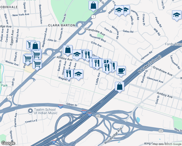map of restaurants, bars, coffee shops, grocery stores, and more near 1015 Amboy Avenue in Edison
