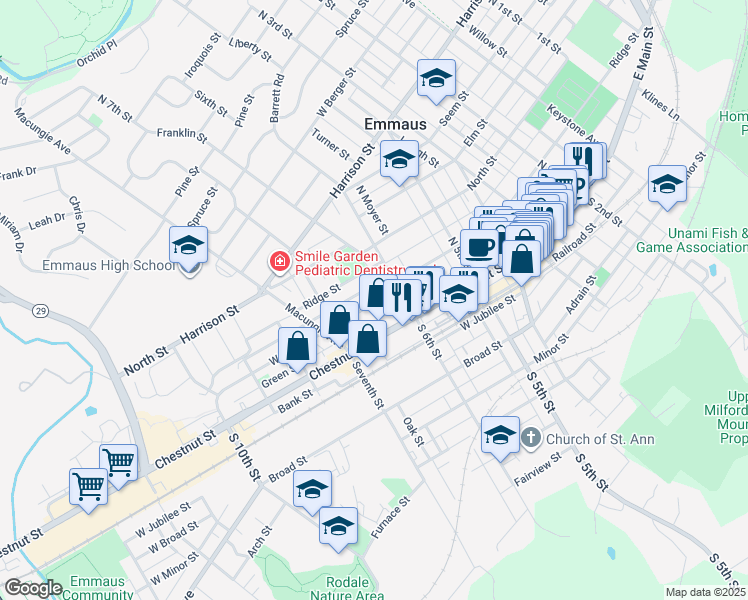 map of restaurants, bars, coffee shops, grocery stores, and more near 620 Ridge Street in Emmaus