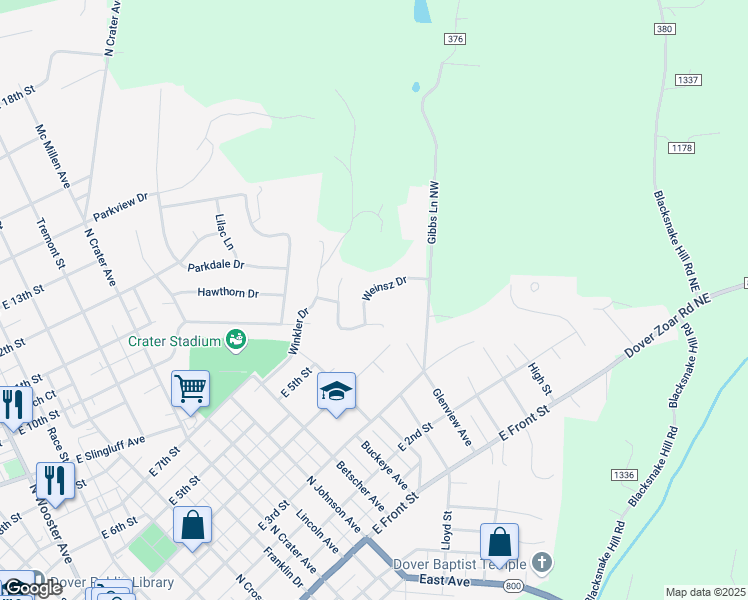 map of restaurants, bars, coffee shops, grocery stores, and more near 1125 Weinsz Drive in Dover