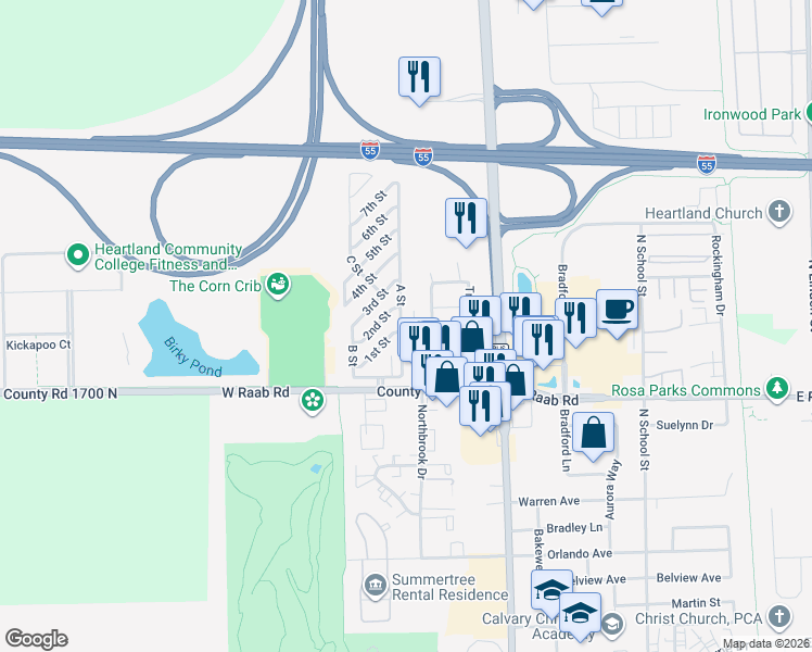 map of restaurants, bars, coffee shops, grocery stores, and more near 32 A Street in Normal