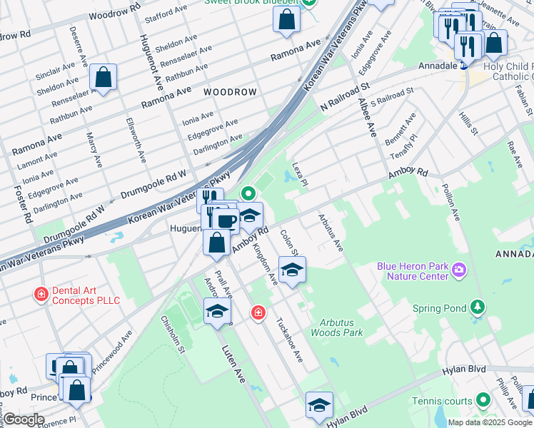 map of restaurants, bars, coffee shops, grocery stores, and more near 5371 Amboy Road in Staten Island