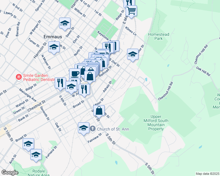 map of restaurants, bars, coffee shops, grocery stores, and more near 331 Minor Street in Emmaus
