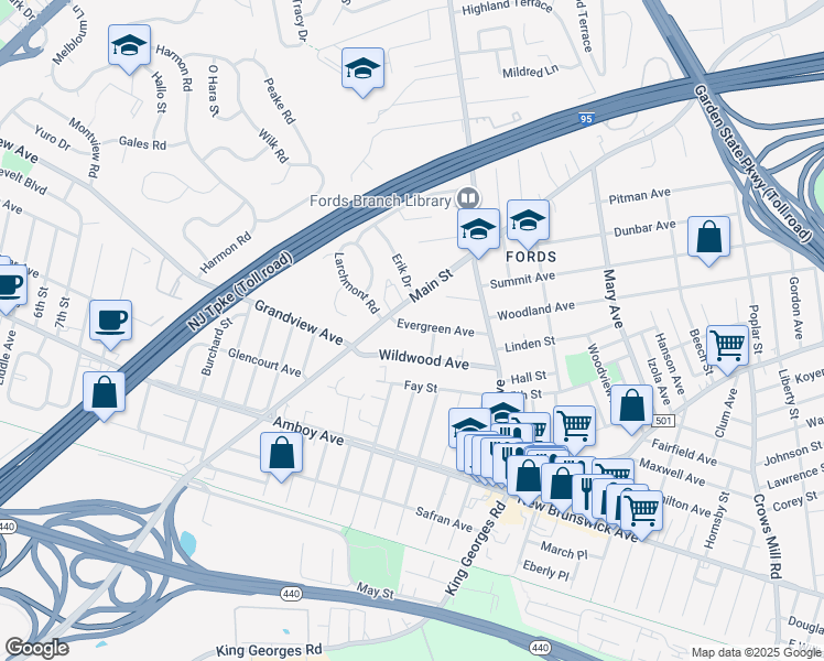 map of restaurants, bars, coffee shops, grocery stores, and more near 65 Evergreen Avenue in Edison