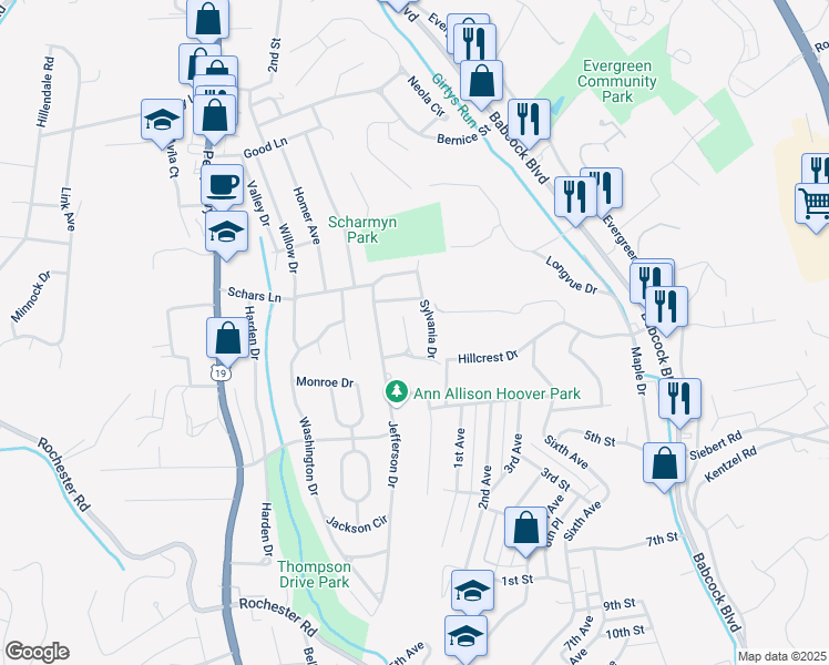map of restaurants, bars, coffee shops, grocery stores, and more near 408 Wood Drive in Pittsburgh