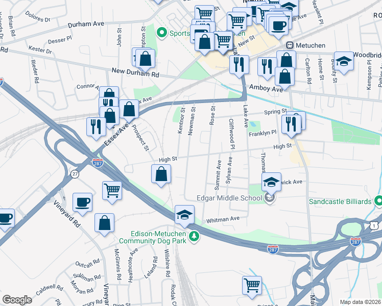 map of restaurants, bars, coffee shops, grocery stores, and more near 74 Newman Street in Metuchen