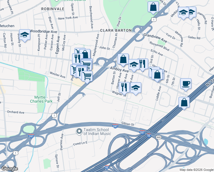 map of restaurants, bars, coffee shops, grocery stores, and more near 27 Barton Street in Edison