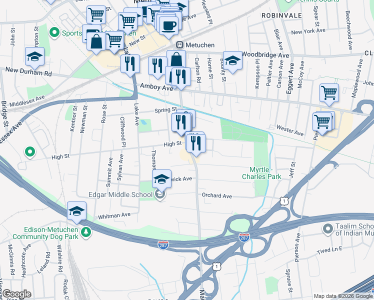 map of restaurants, bars, coffee shops, grocery stores, and more near 190 Main Street in Metuchen