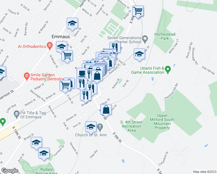 map of restaurants, bars, coffee shops, grocery stores, and more near 346 Golden Street in Emmaus