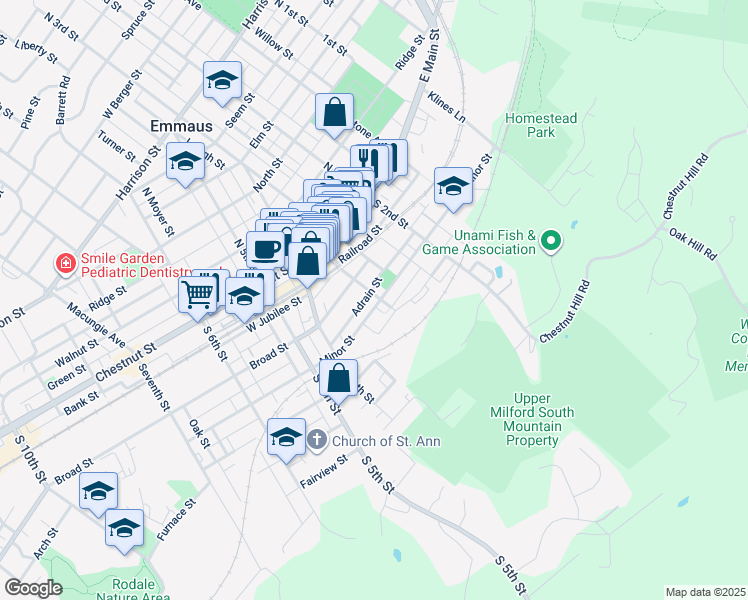 map of restaurants, bars, coffee shops, grocery stores, and more near 331 Minor Street in Emmaus