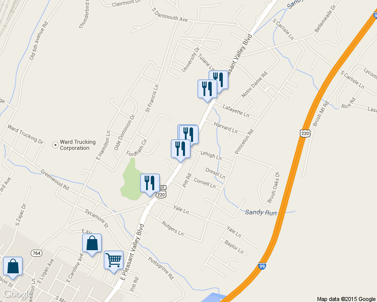 map of restaurants, bars, coffee shops, grocery stores, and more near 1542 East Pleasant Valley Boulevard in Altoona