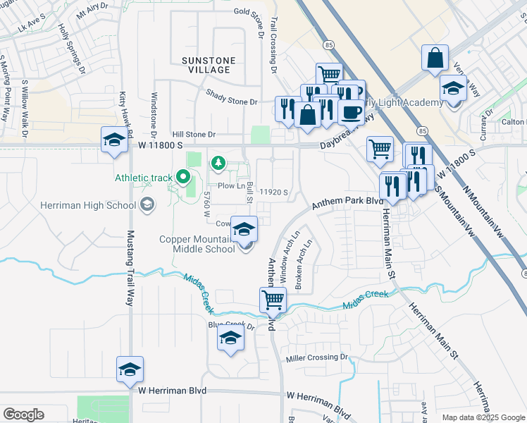 map of restaurants, bars, coffee shops, grocery stores, and more near West Abbey Lane in Herriman