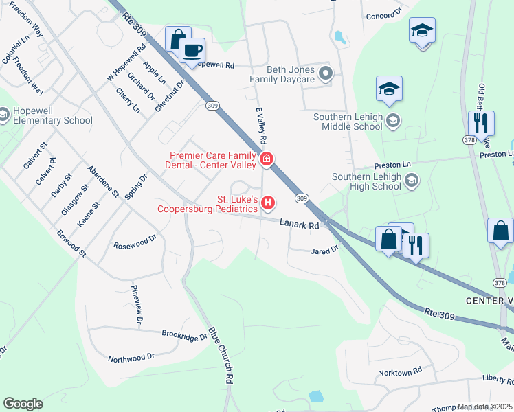 map of restaurants, bars, coffee shops, grocery stores, and more near 5366 West Valley Road in Lehigh County