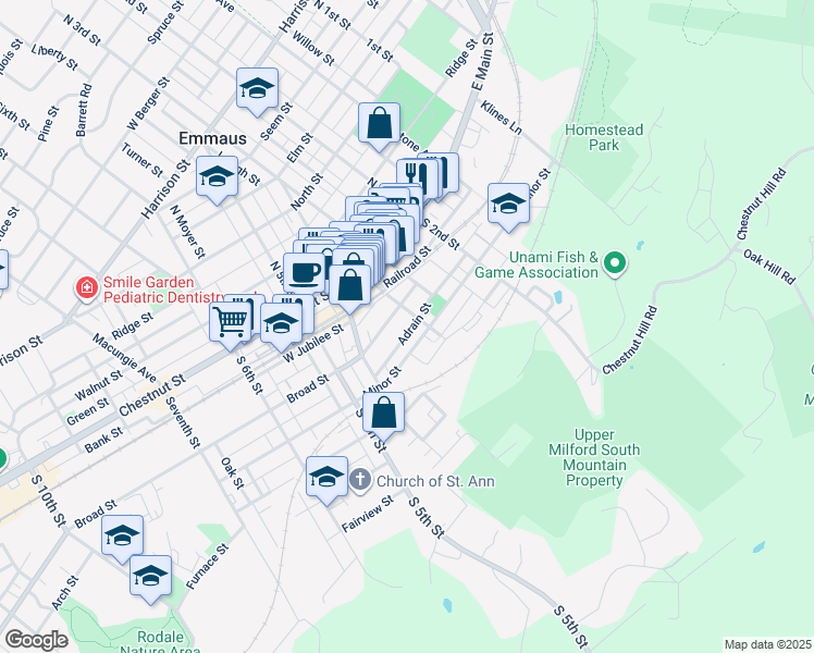 map of restaurants, bars, coffee shops, grocery stores, and more near 326 Broad Street in Emmaus