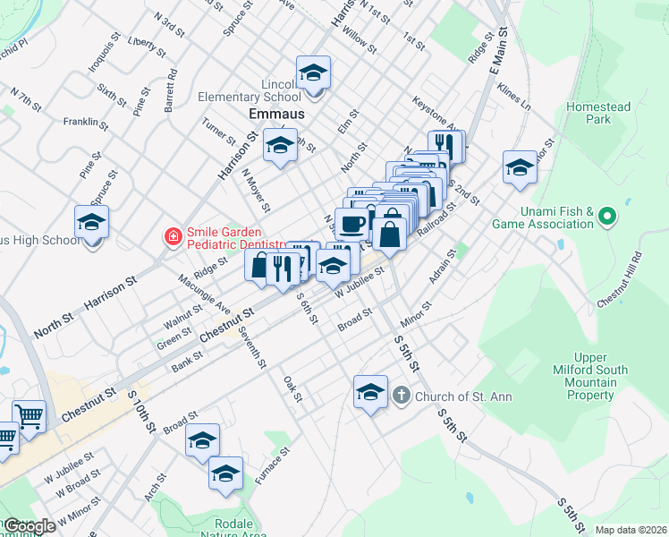 map of restaurants, bars, coffee shops, grocery stores, and more near in Emmaus