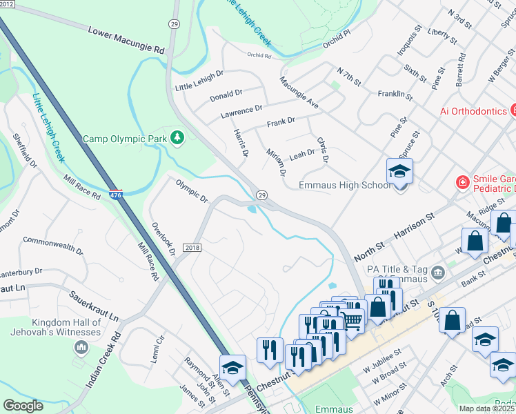 map of restaurants, bars, coffee shops, grocery stores, and more near 4171 Bluesky Place in Emmaus