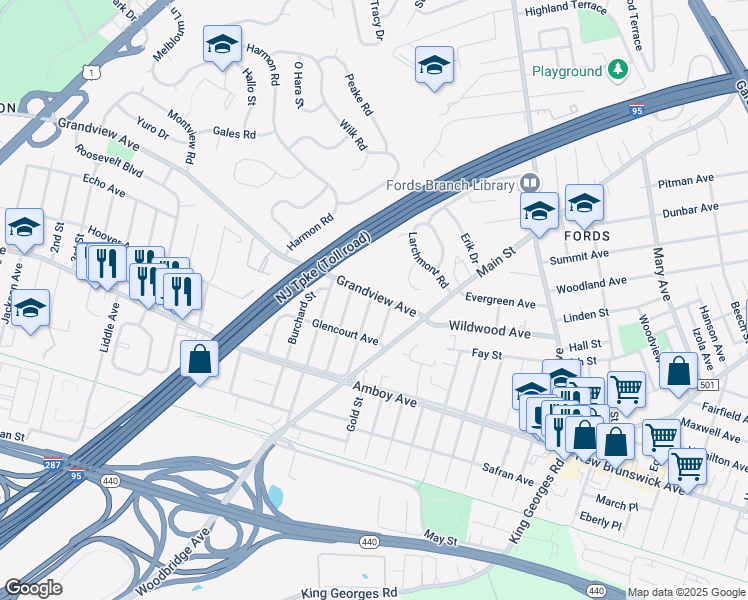 map of restaurants, bars, coffee shops, grocery stores, and more near 56 County Road 660 in Edison