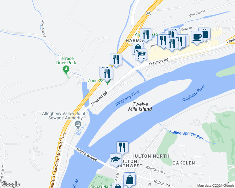 map of restaurants, bars, coffee shops, grocery stores, and more near 2536 Wenzel Drive in Pittsburgh