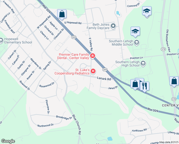 map of restaurants, bars, coffee shops, grocery stores, and more near 5366 West Valley Road in Lehigh County