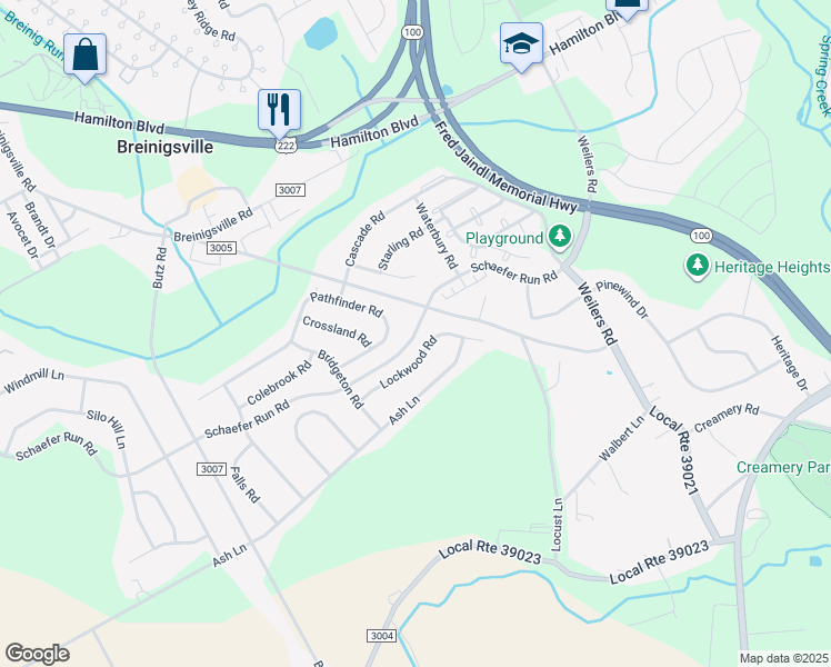 map of restaurants, bars, coffee shops, grocery stores, and more near Scheafer Run Road in Breinigsville