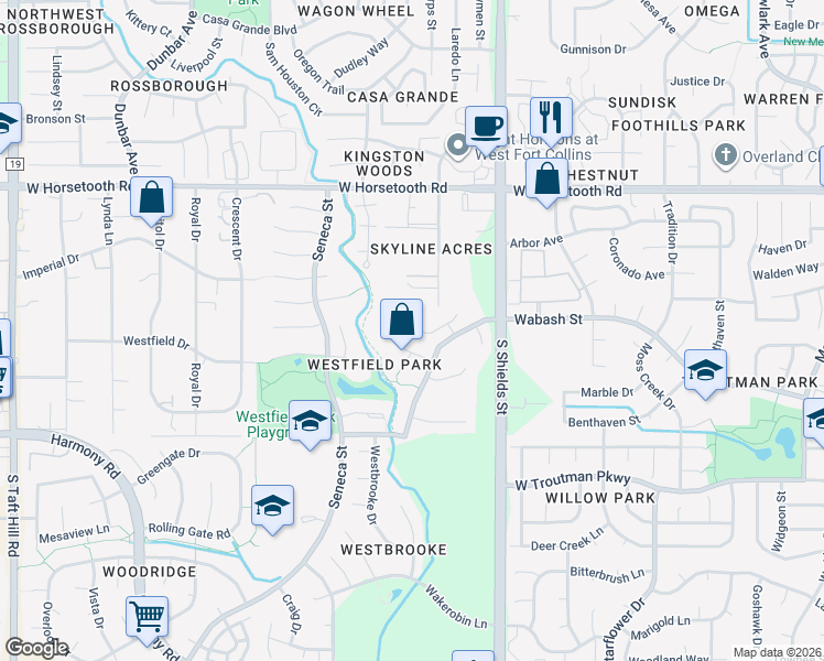 map of restaurants, bars, coffee shops, grocery stores, and more near 1136 Wabash Street in Fort Collins