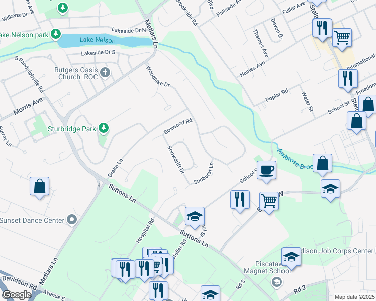 map of restaurants, bars, coffee shops, grocery stores, and more near Winterberry Circle in Piscataway Township