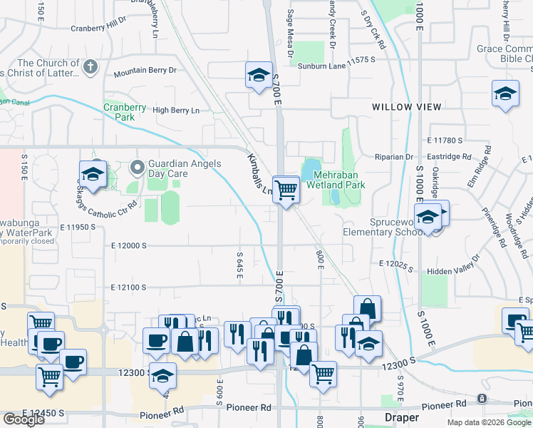 map of restaurants, bars, coffee shops, grocery stores, and more near 678 East Moray Hill Court in Draper