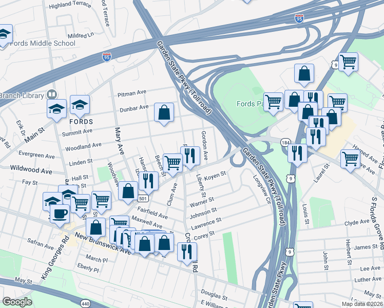 map of restaurants, bars, coffee shops, grocery stores, and more near 230 Liberty Street in Woodbridge Township