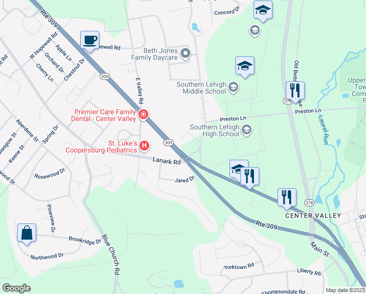 map of restaurants, bars, coffee shops, grocery stores, and more near 5537 Pennsylvania 309 in Lehigh County