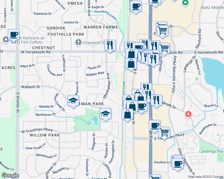 map of restaurants, bars, coffee shops, grocery stores, and more near 3812 Manhattan Avenue in Fort Collins