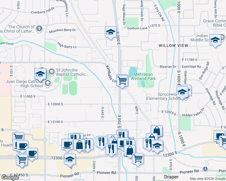 map of restaurants, bars, coffee shops, grocery stores, and more near 689 East 11900 South in Draper