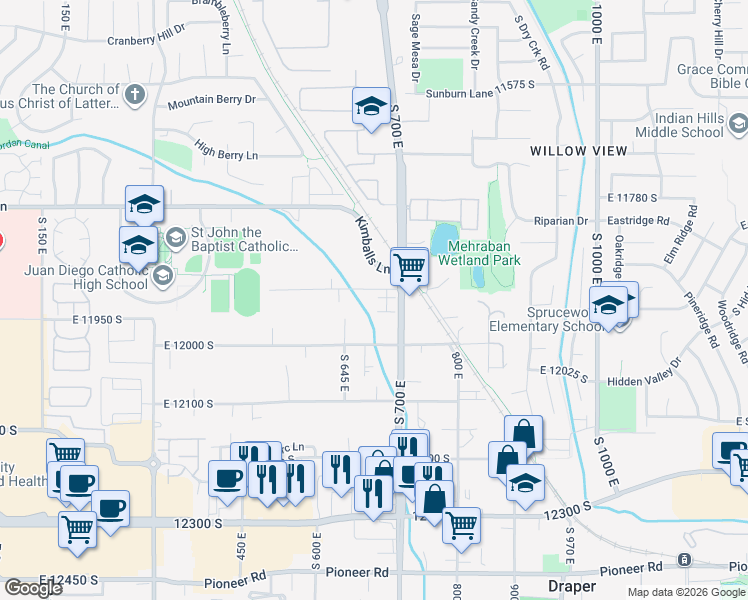 map of restaurants, bars, coffee shops, grocery stores, and more near 645 East 11900 South in Draper